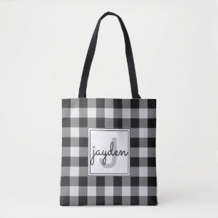 Trendy Black and White Buffalo Plaid Monogrammed Tote Bag