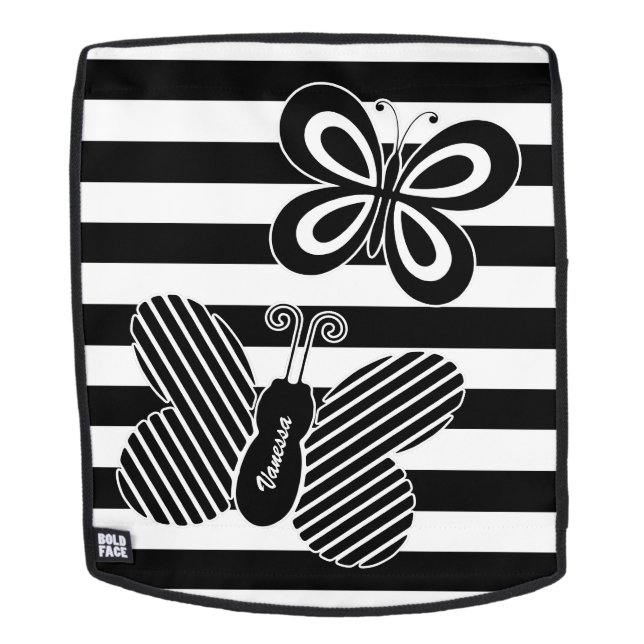 Trendy Black and White Butterfly Stripes With Name Backpack (Removable Face)