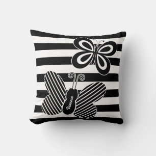 Trendy Black and White Butterfly Stripes With Name Cushion
