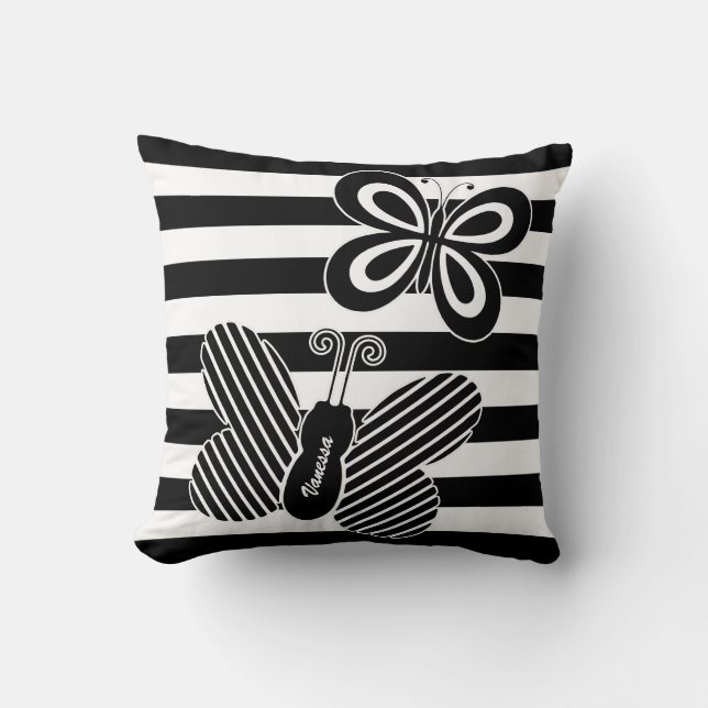 Trendy Black and White Butterfly Stripes With Name Cushion (Front)