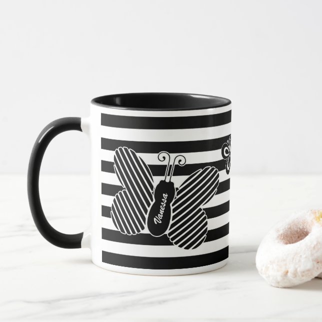 Trendy Black and White Butterfly Stripes With Name Mug (With Donut)