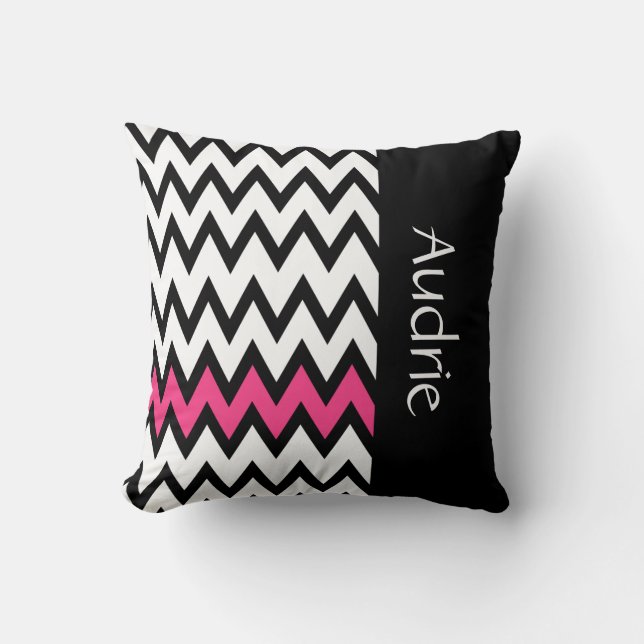 Trendy Black and White Chevron Pink With Name Cushion (Front)