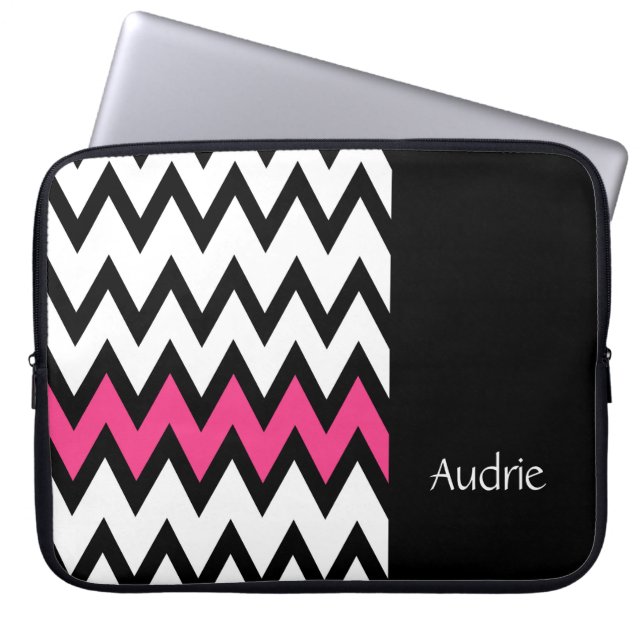 Trendy Black and White Chevron Pink With Name Laptop Sleeve (Front)