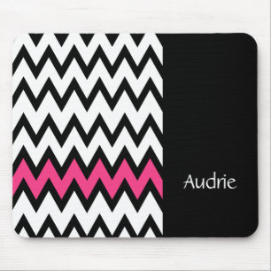 Trendy Black and White Chevron Pink With Name Mouse Mat