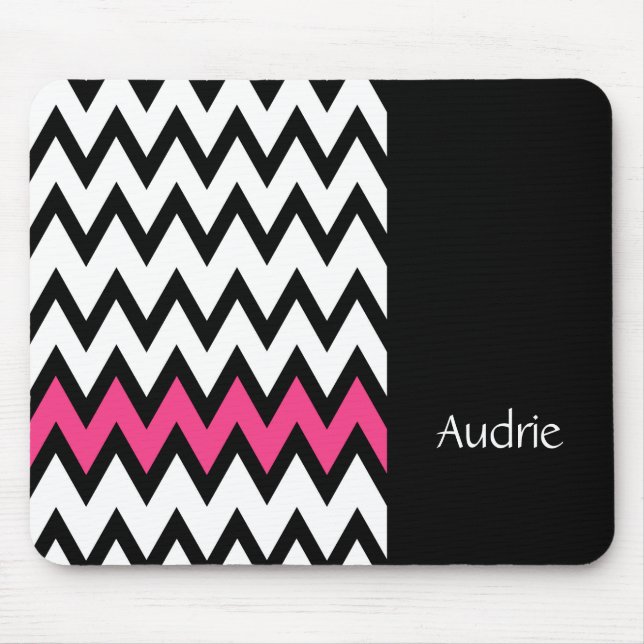 Trendy Black and White Chevron Pink With Name Mouse Mat (Front)
