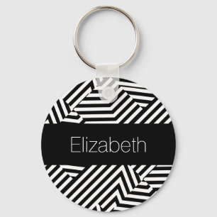 Trendy Black and White Geometric Stripes With Name Key Ring