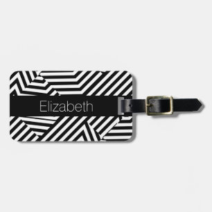 Trendy Black and White Geometric Stripes With Name Luggage Tag