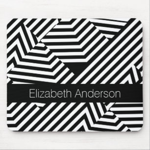 Trendy Black and White Geometric Stripes With Name Mouse Mat