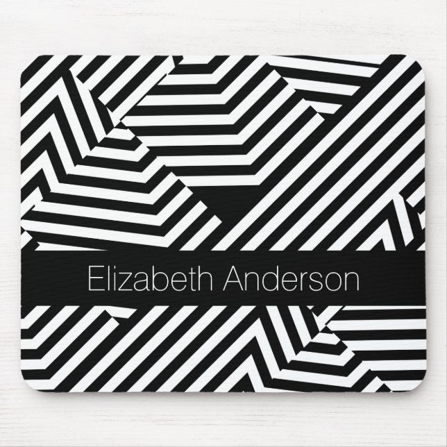 Trendy Black and White Geometric Stripes With Name Mouse Mat (Front)