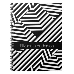 Trendy Black and White Geometric Stripes With Name Notebook