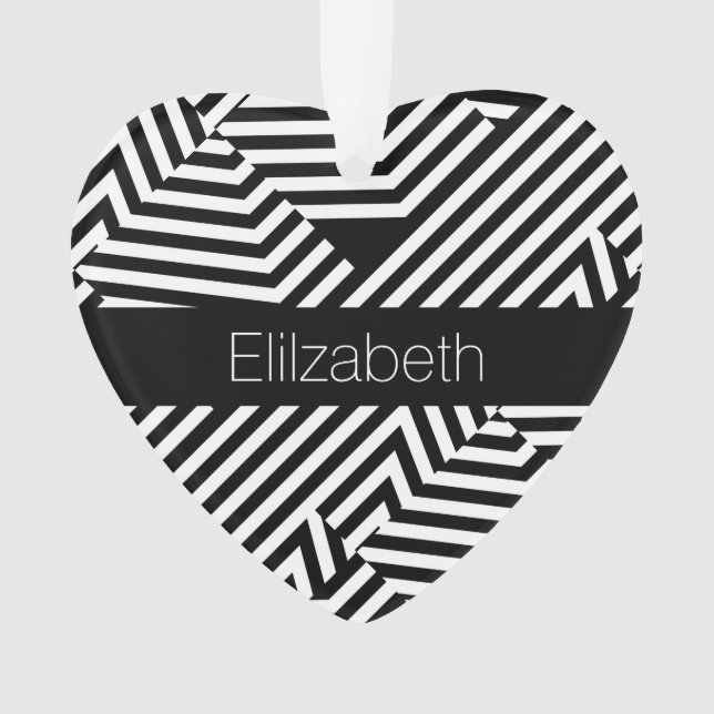 Trendy Black and White Geometric Stripes With Name Ornament (Front)
