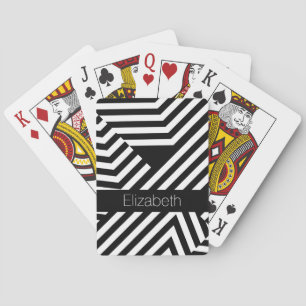Trendy Black and White Geometric Stripes With Name Playing Cards