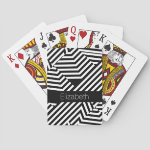 Trendy Black and White Geometric Stripes With Name Playing Cards