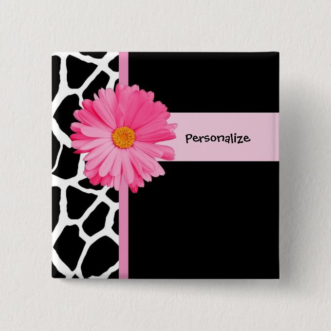 Trendy Black And White Giraffe Pink Daisy and Name 15 Cm Square Badge (Front)