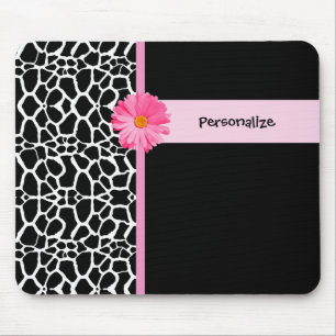 Trendy Black And White Giraffe Pink Daisy and Name Mouse Mat