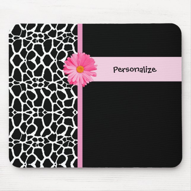 Trendy Black And White Giraffe Pink Daisy and Name Mouse Mat (Front)