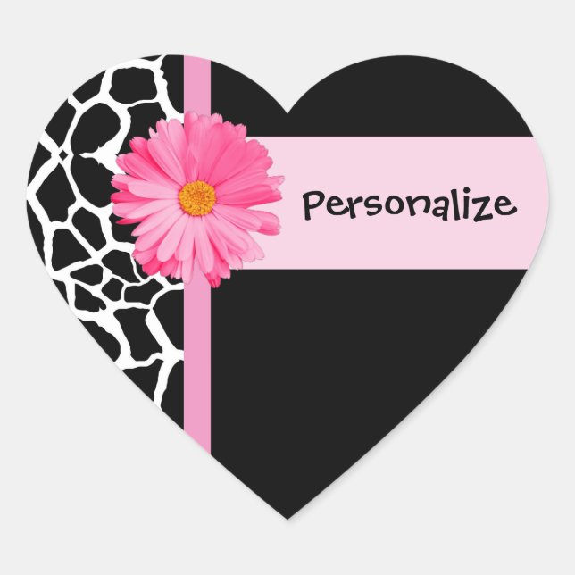 Trendy Black And White Giraffe With Pink Daisy Heart Sticker (Front)