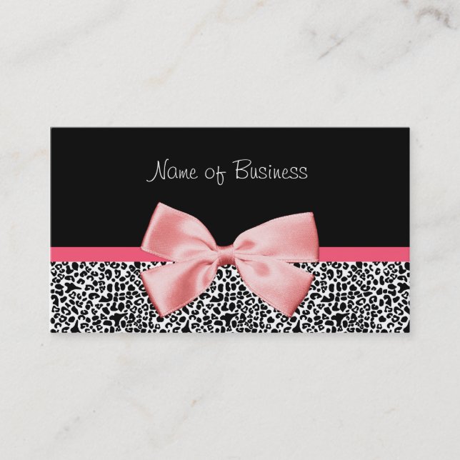 Trendy Black And White Leopard Print Pink Ribbon Business Card (Front)