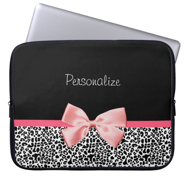 Trendy Black And White Leopard Print Pink Ribbon Laptop Sleeve (Front)