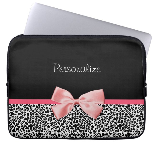 Trendy Black And White Leopard Print Pink Ribbon Laptop Sleeve (Front)