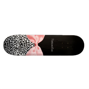 Trendy Black And White Leopard Print Pink Ribbon Skateboard