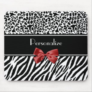 Trendy Black And White Leopard Zebra Print Red Bow Mouse Mat