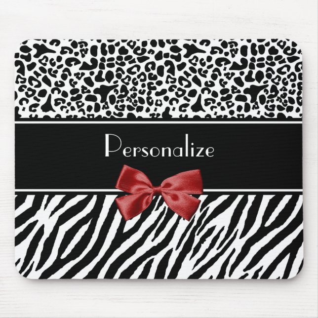 Trendy Black And White Leopard Zebra Print Red Bow Mouse Mat (Front)
