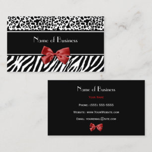 Trendy Black And White Leopard Zebra Red Ribbon Business Card