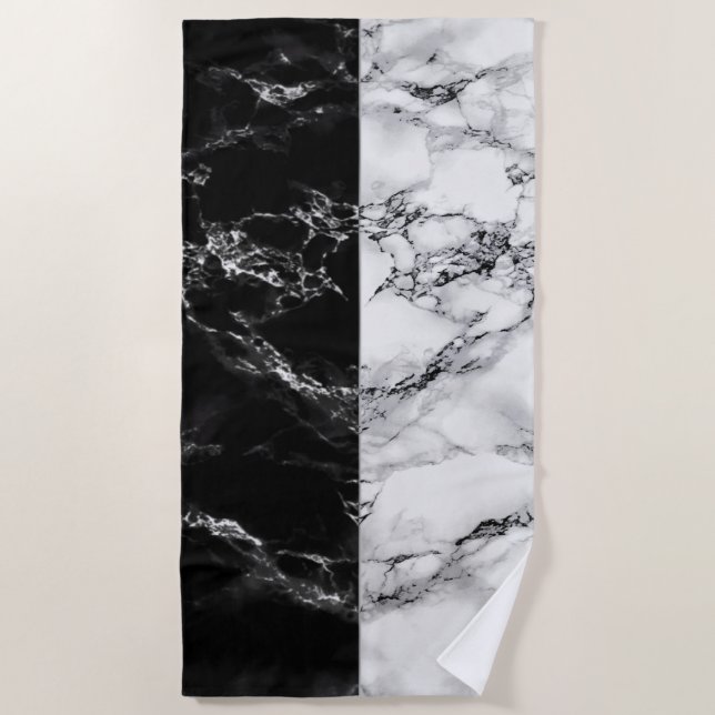Trendy Black and White Marble Stone - Black White Beach Towel (Front)