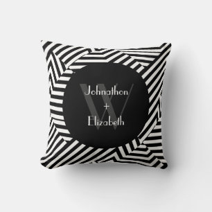 Trendy Black and White Monogram Stripes Wedding Cushion