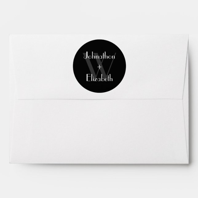 Trendy Black and White Monogram Stripes Wedding Envelope (Back (Top Flap))