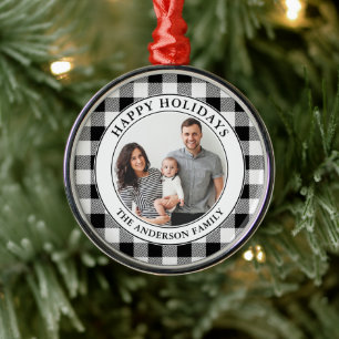 Trendy Black and White Plaid Happy Holidays Metal Tree Decoration