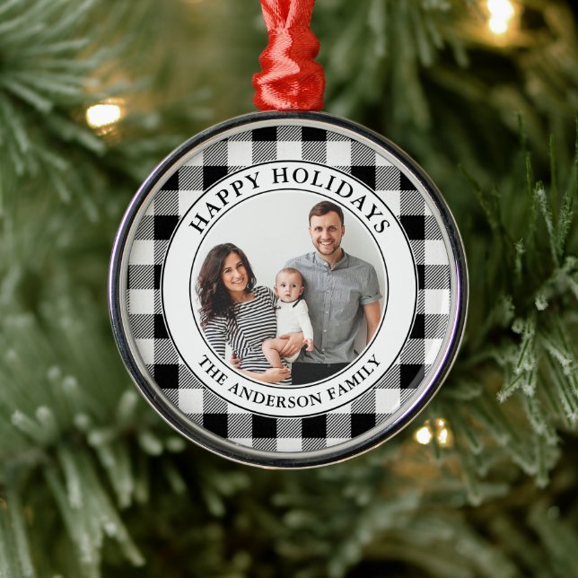 Trendy Black and White Plaid Happy Holidays Metal Tree Decoration (Tree)