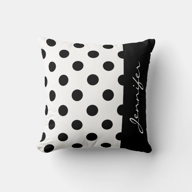 Trendy Black and White Polka Dot with Name Cushion (Front)