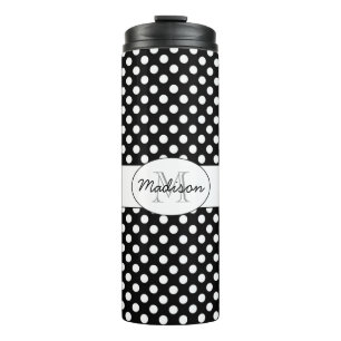 Trendy Black and White polka dots pattern Monogram Thermal Tumbler