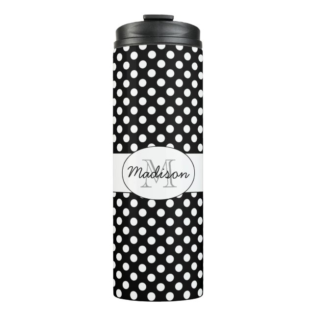 Trendy Black and White polka dots pattern Monogram Thermal Tumbler (Front)