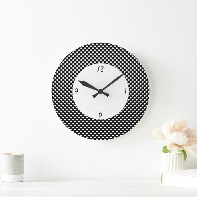 Trendy Black and White polka dots with numbers Large Clock (Home)