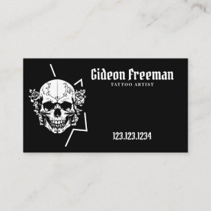 Trendy Black and White Skull Roses Tattoo Artist Business Card