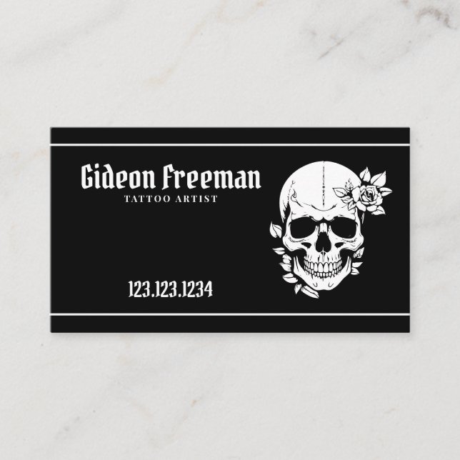 Trendy Black and White Skull Tattoo Artist Business Card (Front)