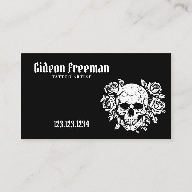 Trendy Black and White Skull Tattoo Studio Business Card (Front)