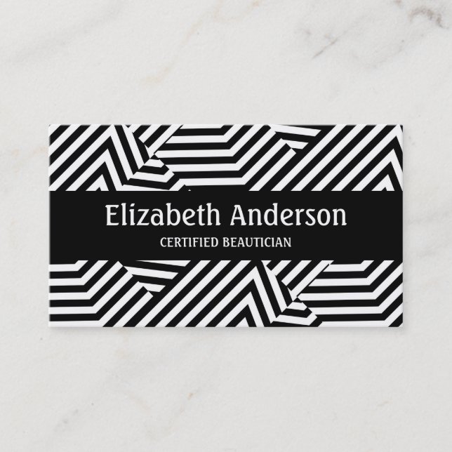 Trendy Black and White Stripe Certified Beautician Business Card (Front)