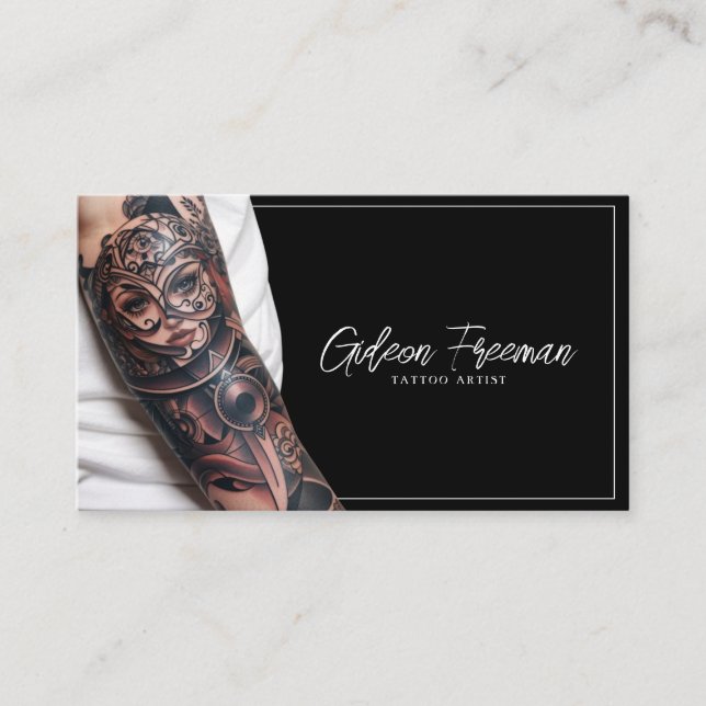Trendy Black and White Tattooed Arm Tattoo Artist Business Card (Front)