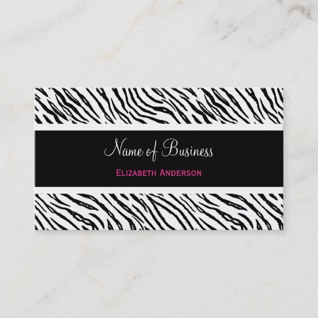 Trendy Black and White Tiger Stripes Pink Name Business Card (Front)