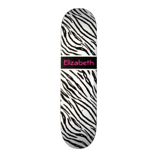 Trendy Black and White Tiger Stripes Pink Name Skateboard