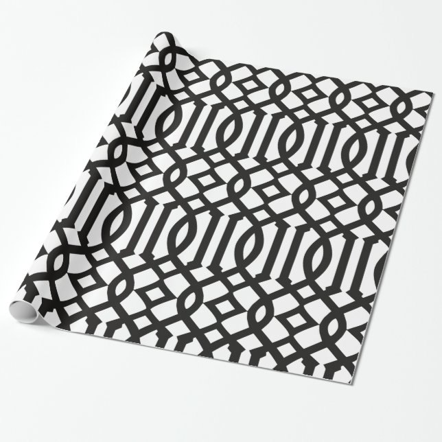 Trendy Black and White Trellis Pattern Wrapping Paper (Unrolled)