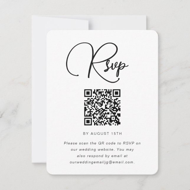 Trendy Black and White Wedding RSVP with QR Code Card (Front)
