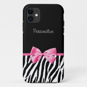 Trendy Black And White Zebra Print Pink Ribbon iPhone 11 Case