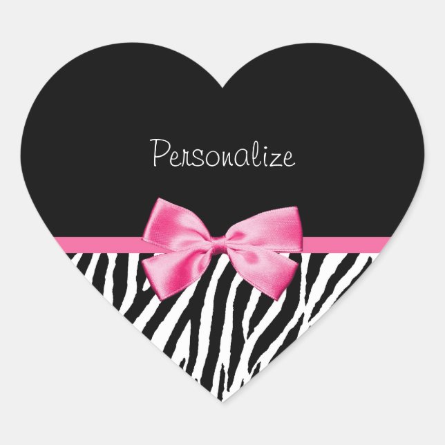 Trendy Black And White Zebra Print Pink Ribbon Heart Sticker (Front)