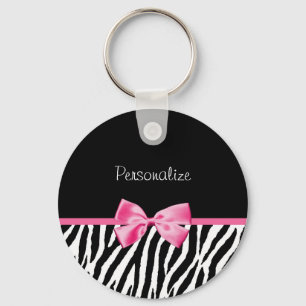 Trendy Black And White Zebra Print Pink Ribbon Key Ring