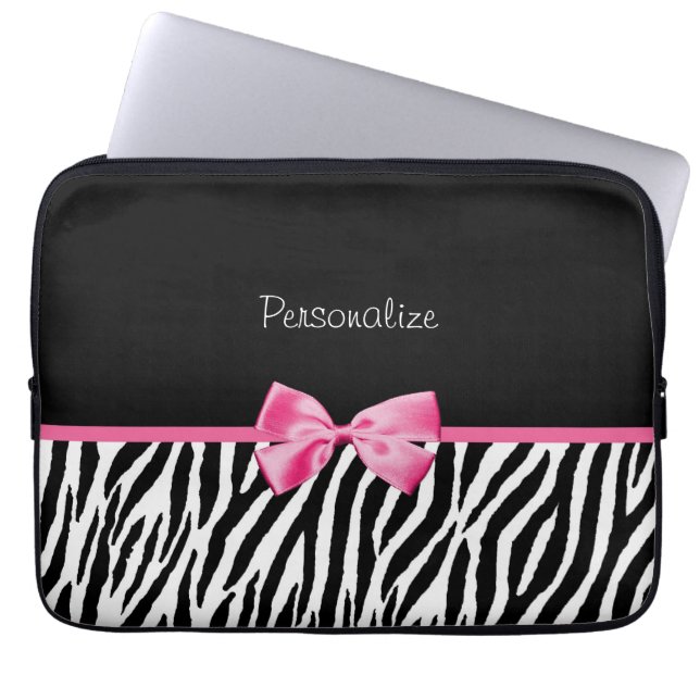 Trendy Black And White Zebra Print Pink Ribbon Laptop Sleeve (Front)